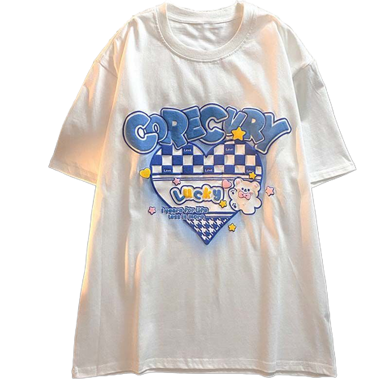 秋壳100%纯棉甜酷爱心克莱因蓝短袖t恤男女夏季慵懒情侣半袖上衣