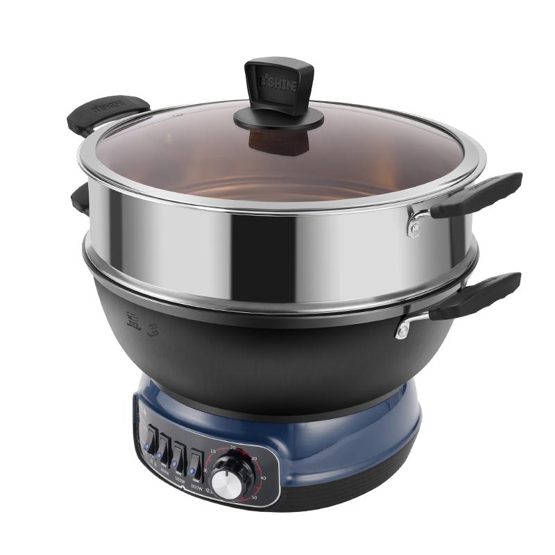 益多 电炒锅加厚铸铁锅多功能家用34CM电热锅电蒸锅电煮锅电火锅大容量一体锅带不锈钢蒸笼 YNDG-34定时款