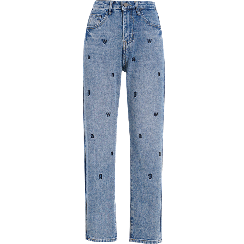 OUNIXUE欧昵雪 | [字母绣花牛仔裤]春季潮流直筒百搭小脚裤休闲显瘦休闲裤女