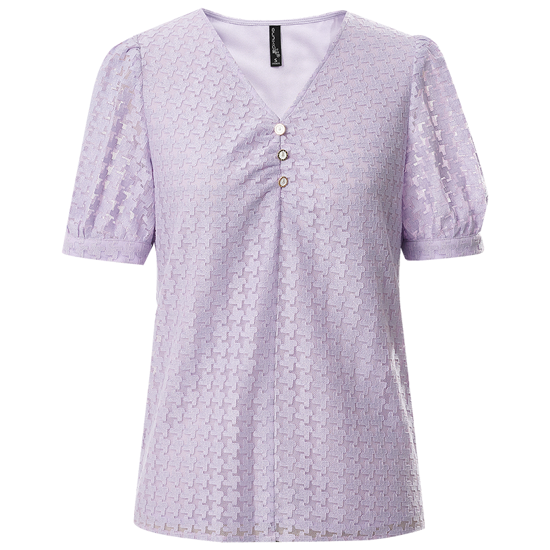 OUNIXUE欧昵雪 | 夏季显瘦V领宽松上衣小衫泡泡袖小众气质镂空短袖蕾丝衫女