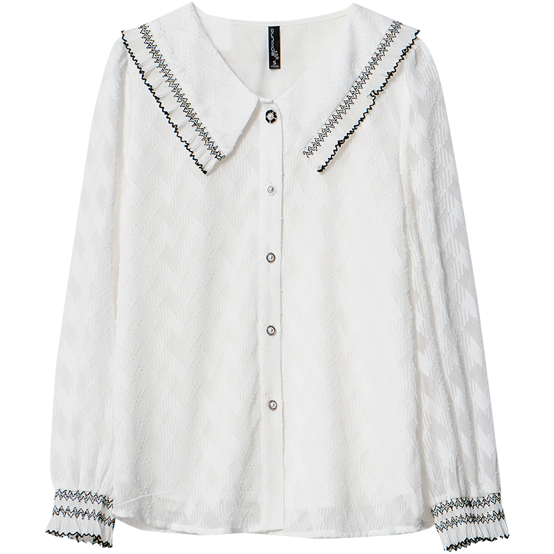 OUNIXUE欧昵雪 | [淑女范提花蕾丝衫]春季洋气翻领长袖百搭上衣直筒女士衬衫