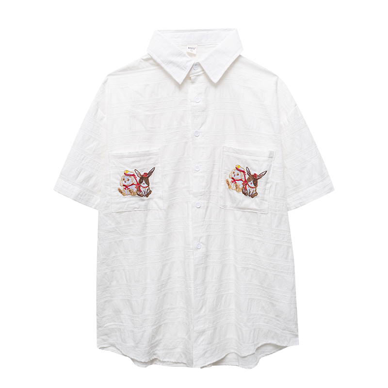 秋壳秋壳复古设计感小众夏季新款原宿风宽松衬衫女学生情侣衬衣半袖潮