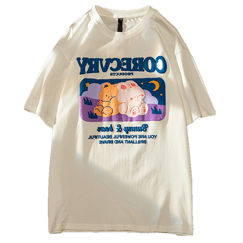 秋壳日系潮牌可爱风卡通小兔印花短袖T恤女2022夏季设计圆领上衣