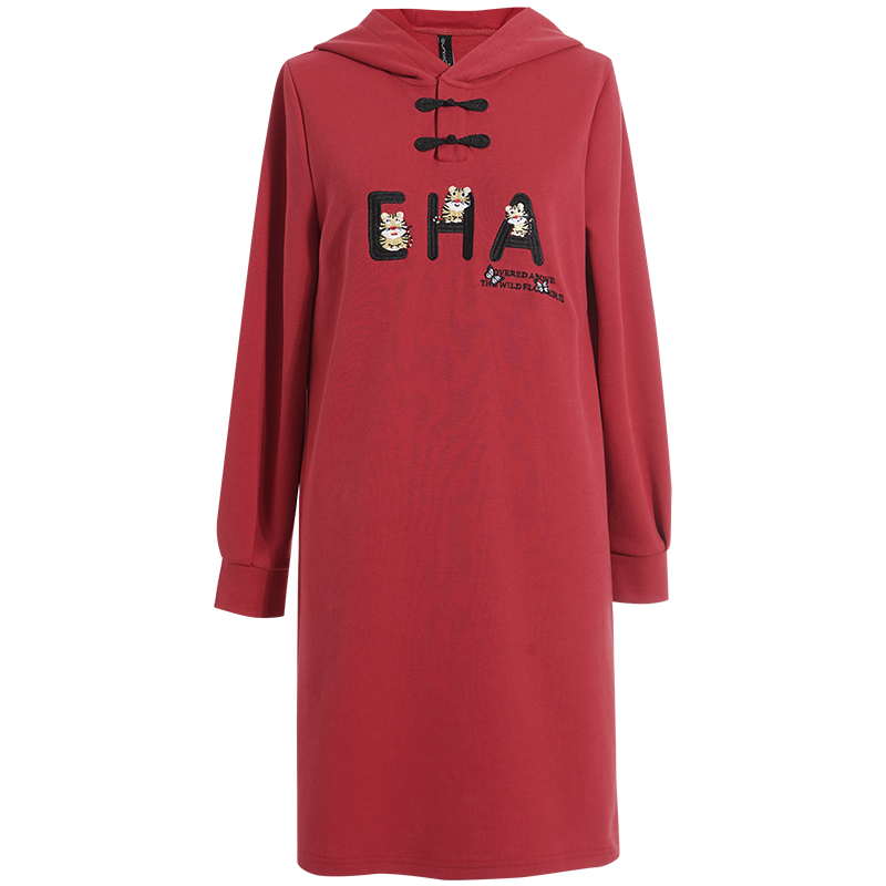 OUNIXUE欧昵雪 | [复古字母盘扣卫衣裙]春季休闲连帽宽松中裙时尚连衣裙女