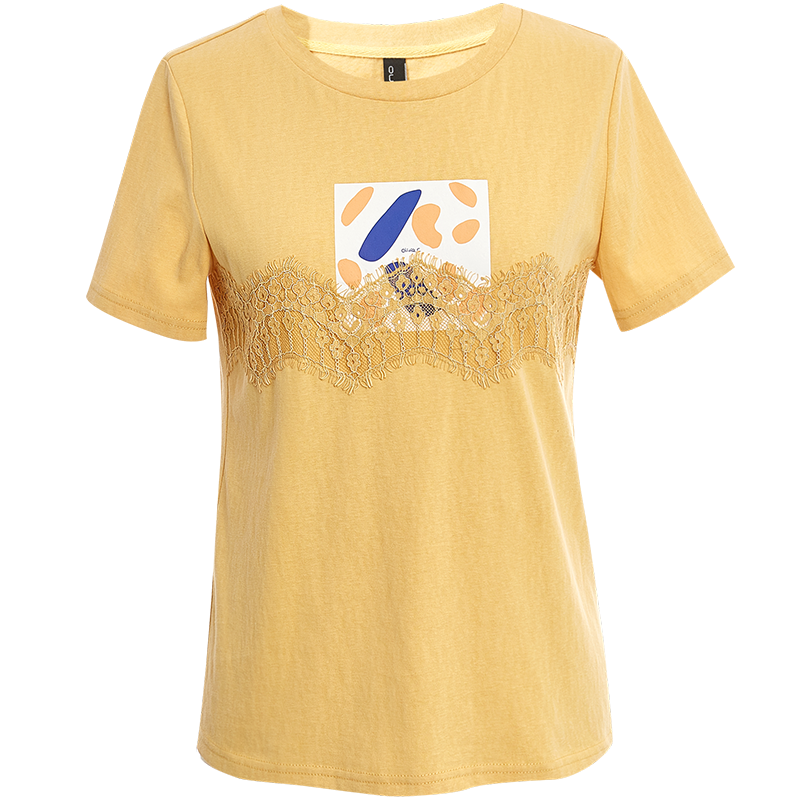 OUNIXUE欧昵雪 | [蕾丝花边短袖小衫]夏季圆领套头上衣女时尚印花休闲T恤女