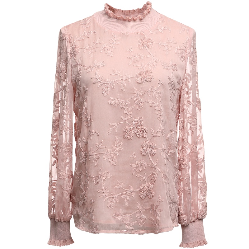 OUNIXUE欧昵雪 | 春季时尚小衫修身木耳边立领衬衫女淑女长袖气质打底女款蕾丝上衣