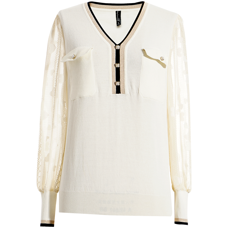 OUNIXUE欧昵雪 | [时尚撞色假两件针织衫]春季慵懒风V领简约百搭女式上衣