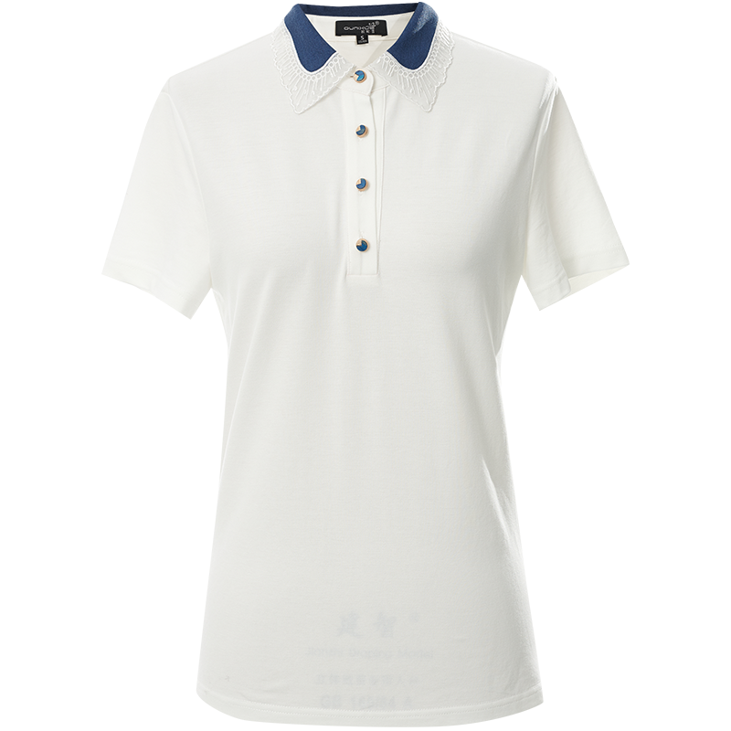 OUNIXUE欧昵雪 | [撞色蕾丝翻领上衣]夏装简约休闲POLO衫短袖针织T恤女