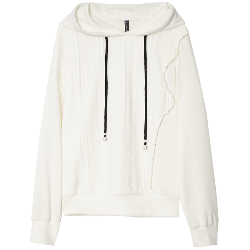 OUNIXUE欧昵雪 | [蕾丝拼接上衣]春季慵懒风简约抽绳连帽宽松长袖休闲卫衣女