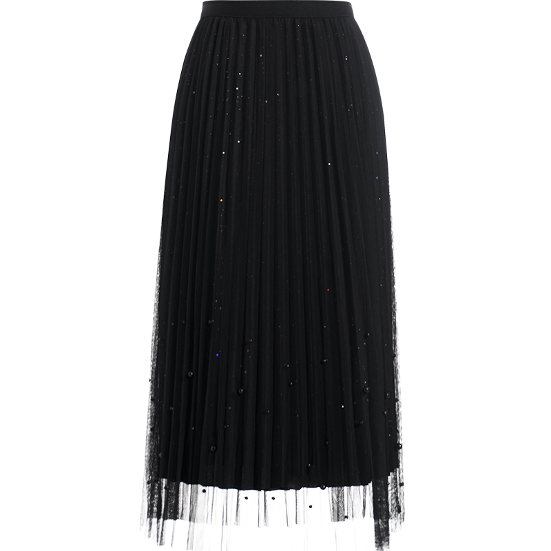 OUNIXUE欧昵雪 | [纯色钉珠网纱裙]春季性感透视裙摆橡筋A字裙休闲半身裙女