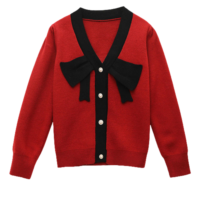 CACHE CACHE早春V领针织衫蝴蝶结新款毛衣外套小开衫女韩版短上衣