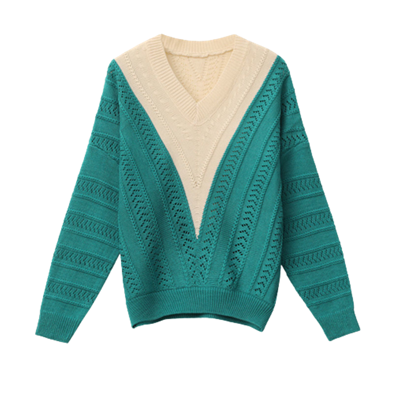 CACHE CACHE新款V领领镂空慵懒风毛衣女早春宽松拼色外穿针织衫上衣
