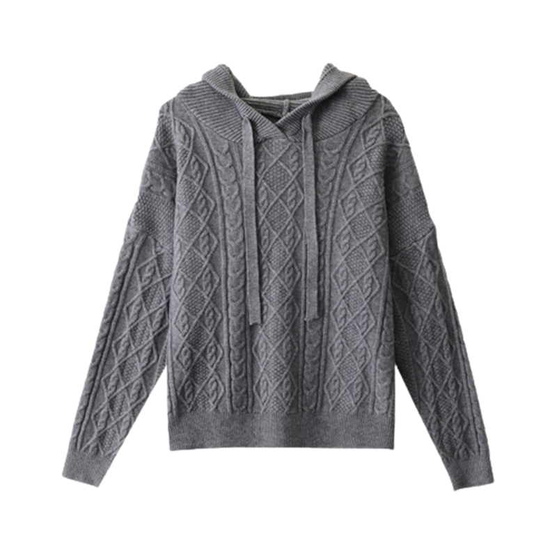 CACHE CACHE复古绞花早春新款慵懒风休闲百搭连帽女式毛衣针织衫