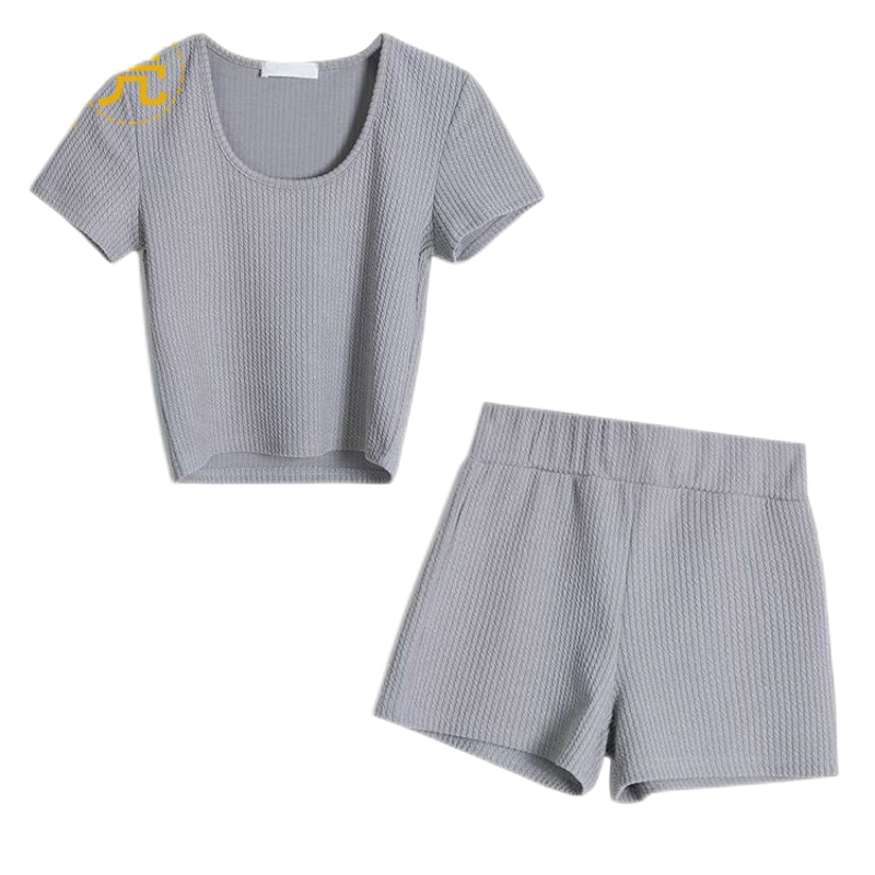 秋壳港风温柔风少女休闲运动套装女修身显瘦U领短款T恤高腰短裤潮