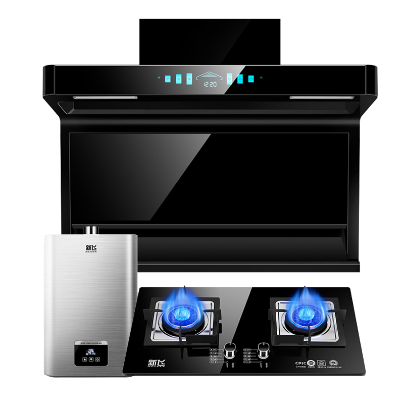 新飞顶侧双吸油烟机燃气灶热水器消毒柜套装厨电套装家用四件套烟灶套餐 尊风+RJ06+A11+H1143-12L液化气