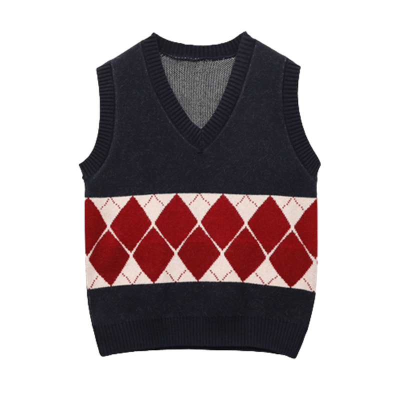 CACHE CACHE菱格针织马甲女日系复古V领外穿叠穿坎肩毛衣格子背心