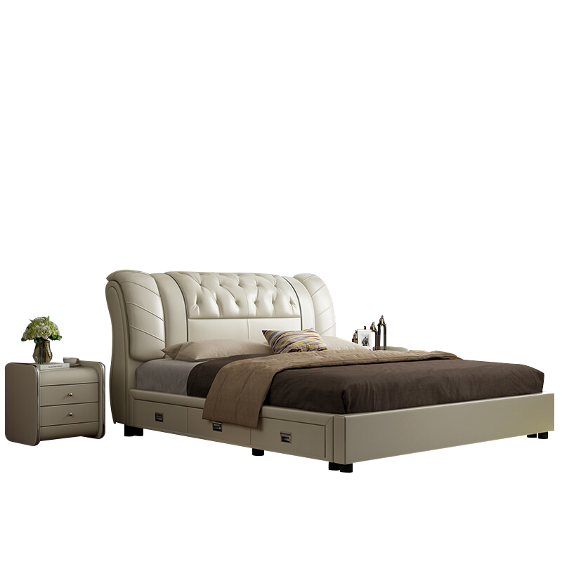 百冠环球 现代简约真皮床1.5米1.8米双人床婚床主卧轻奢皮艺实木床软床