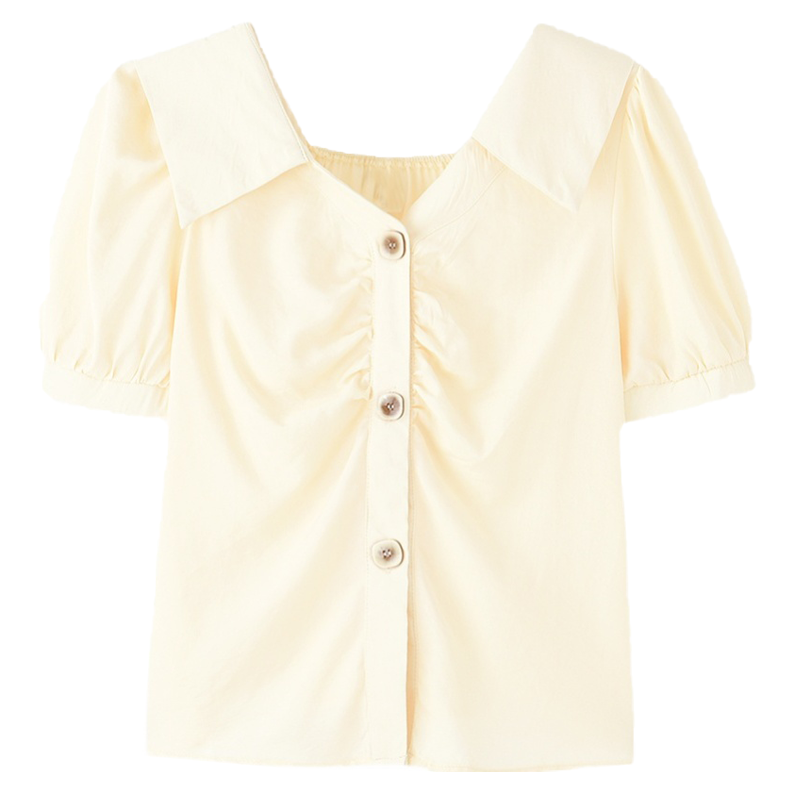 CACHE黄色泡泡袖衬衫设计感小众褶皱v领洋气减龄小衫短袖小个子