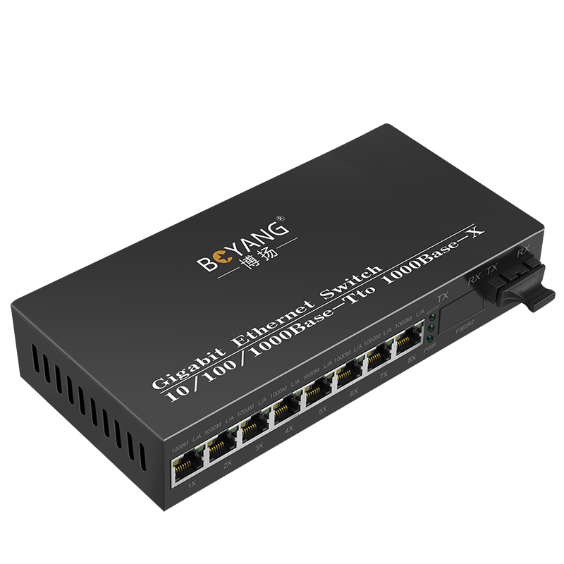 博扬(BOYANG)BY-DG108S 千兆一光八电单模双纤光纤收发器交换机 光电转换器 防雷SC接口 25公里外置电源