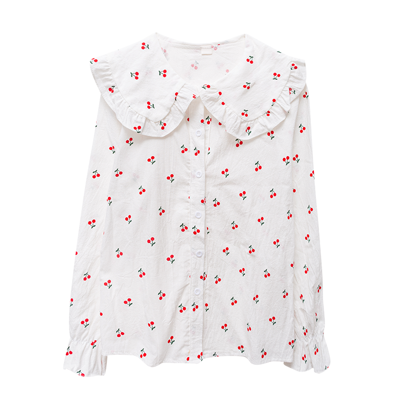 秋壳秋壳日系少女小清新樱桃刺绣娃娃领宽松2022春季新款长袖白衬衫女