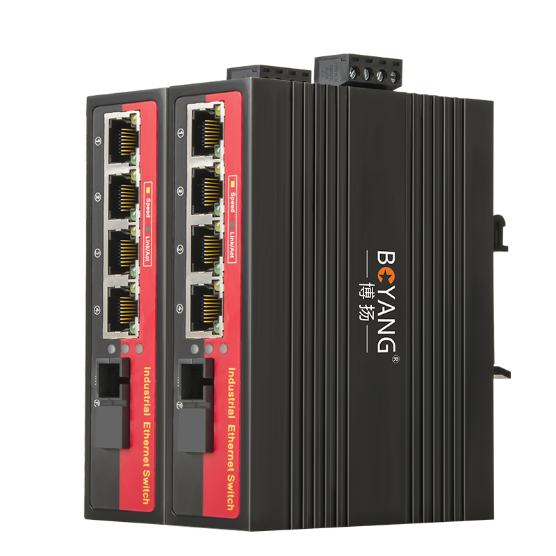 博扬 BY-GG104A/B工业级光纤收发器 千兆一光四电单模单纤以太网交换机 SC接口25公里DC12~54V