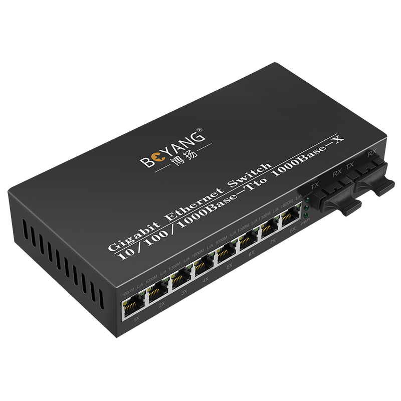 博扬(BOYANG)BY-DG208S 千兆二光八电单模双纤光纤收发器交换机 光电转换器 防雷SC接口 25公里外置电源