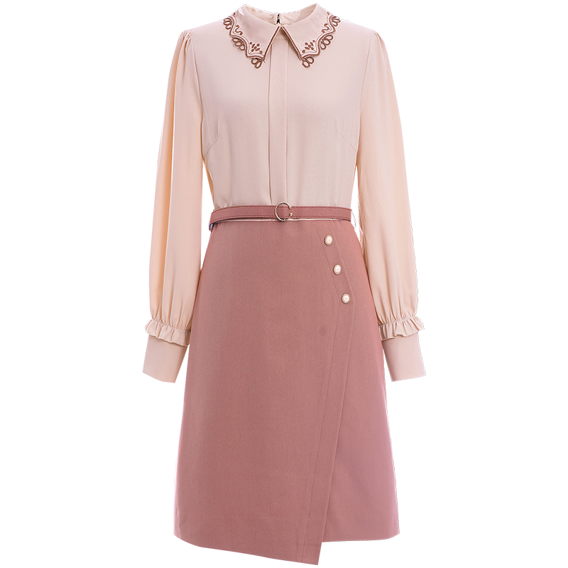 OUNIXUE欧昵雪 | 春花边拼接翻领衬衫裙子腰带收腰拼接不规则A字连衣裙女