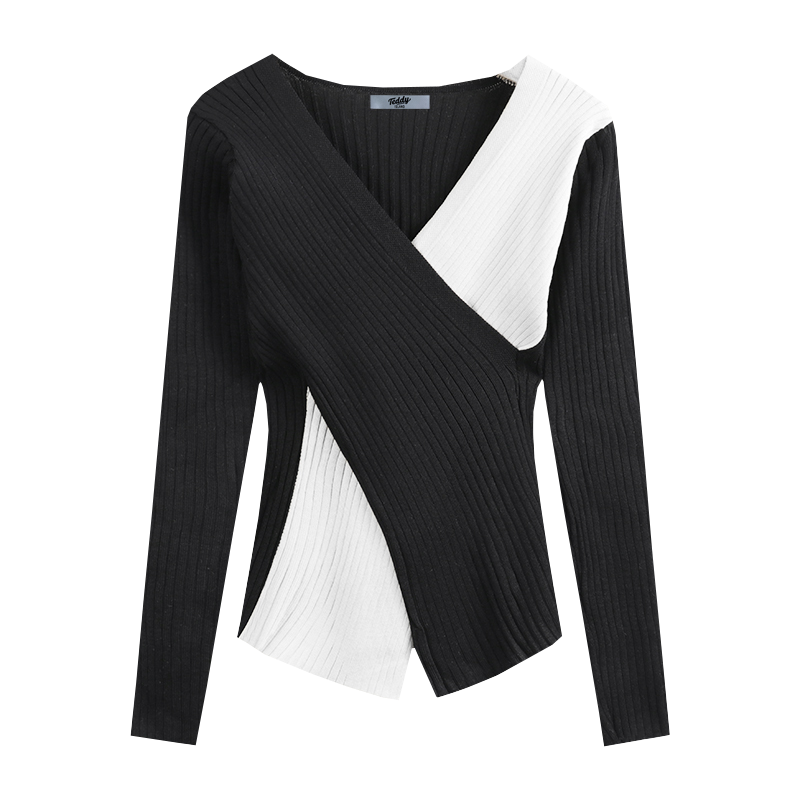 WAXY甜辣风V领针织衫女短款木耳变短袖T恤女设计感小众露肚脐开衫