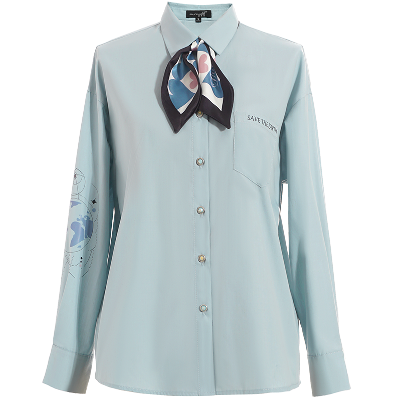 OUNIXUE欧昵雪 | [印花丝巾装饰衬衣]春季职业通勤风翻领长袖直筒衬衫女士