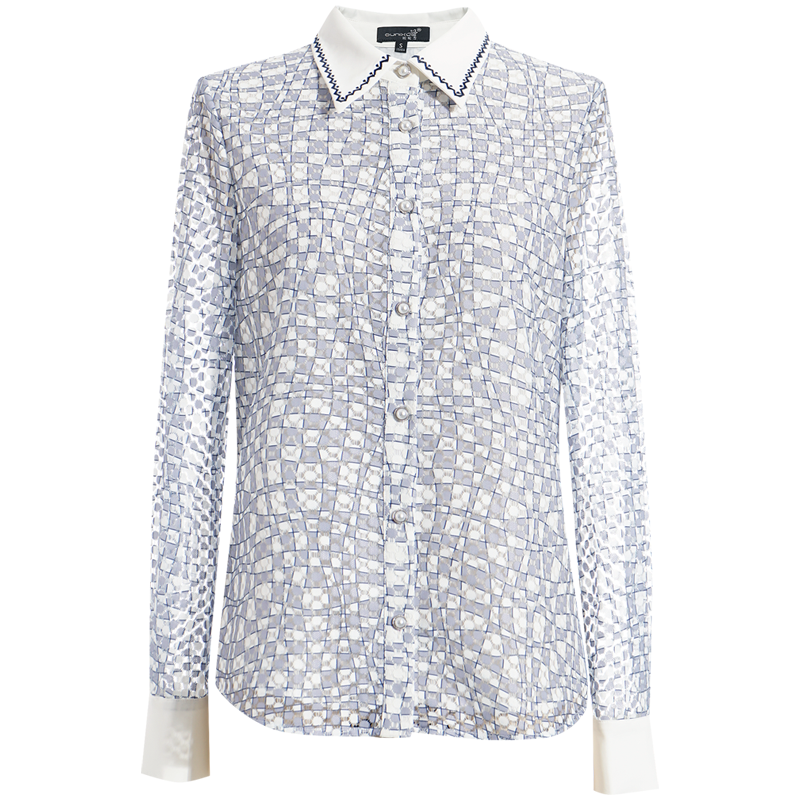 OUNIXUE欧昵雪 | [优雅印花蕾丝衫]春季洋气绣花翻领撞色袖口上衣直筒衬衫女