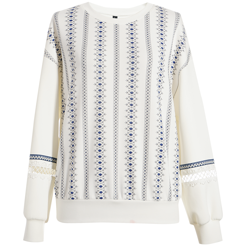 OUNIXUE欧昵雪 | [减龄文艺圆领上衣]春季休闲小碎花长袖小衫花边织带卫衣女