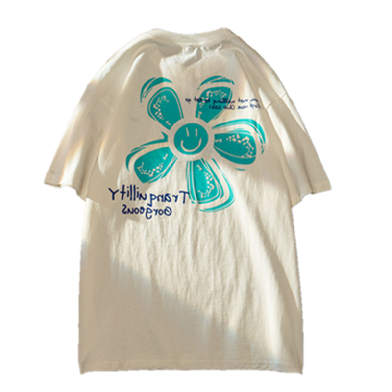 秋壳美式潮流复古趣味太阳花印花短袖T恤女2022夏季休闲圆领上衣