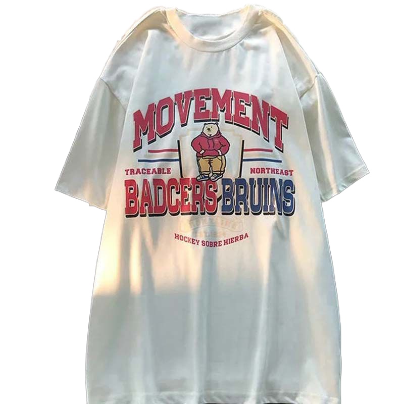 秋壳100%纯棉美式复古小熊字母百搭短袖T恤男女2022夏季情侣上衣