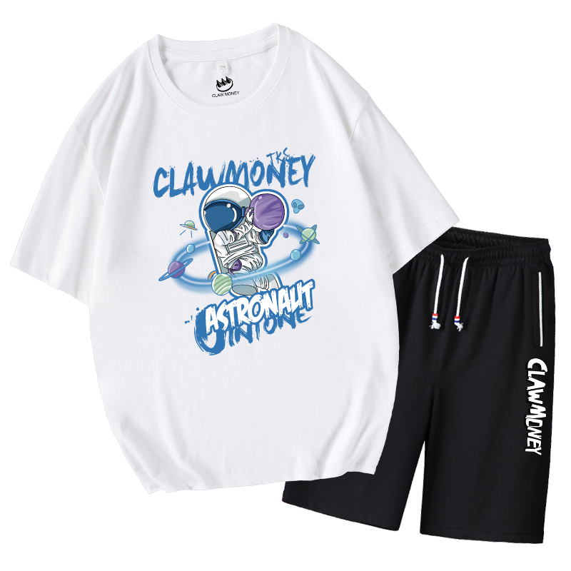 Claw money短袖T恤套装男纯棉宇航员全套体恤短裤宽松运动五分裤