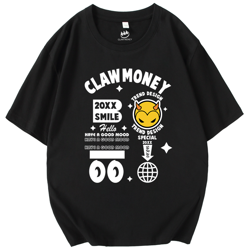 Claw money国潮短袖t恤男2022夏纯棉半截袖宽松大码印花圆领体恤