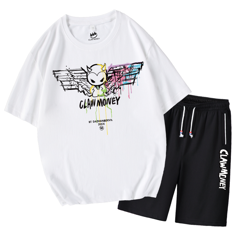 Claw money短袖T恤套装男潮牌ins体恤全套休闲短裤宽松大码五分裤