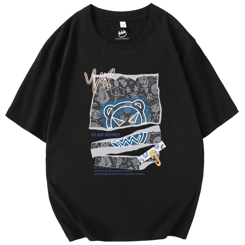 Claw money短袖t恤男纯棉夏季半袖宽松半截袖恶魔印花圆领体恤潮