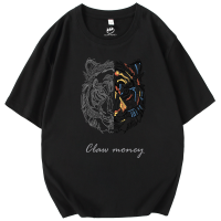 Claw money短袖T恤男士纯棉圆领老虎印花体恤宽松青少年潮牌半袖