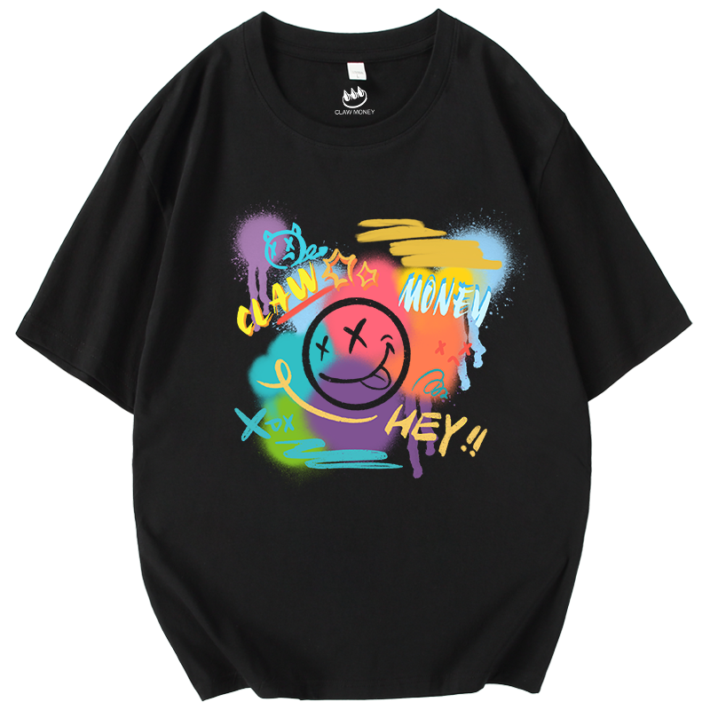 Claw money潮牌短袖t恤男纯棉ins笑脸印花半袖宽松半截袖圆领体恤