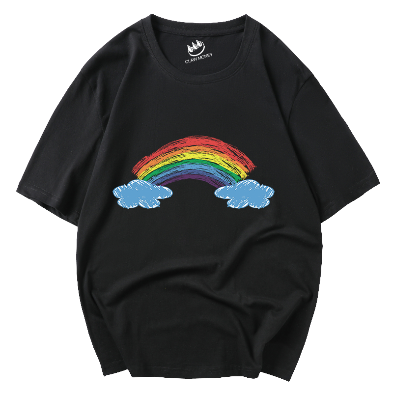 CLAW MONEY 短袖男夏季时尚宽松彩虹桥运动T恤潮流百搭休闲情侣装