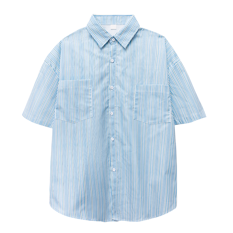 秋壳蓝色条纹衬衫女设计感小众短袖夏季韩版宽松复古港味盐系上衣