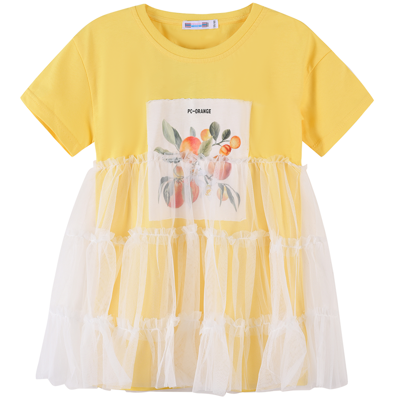 铅笔俱乐部童装2022夏装新款女童长款t恤儿童网纱拼接时尚印花