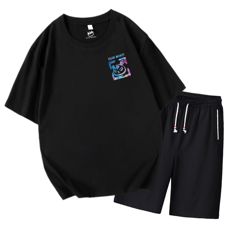 Claw money短袖t恤男士2022夏季纯棉印花学生半袖宽松运动套装潮