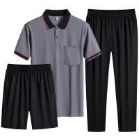 圣吉奥休闲套装男夏季短袖POLO衫套装冰丝大码中老年运动服三件套