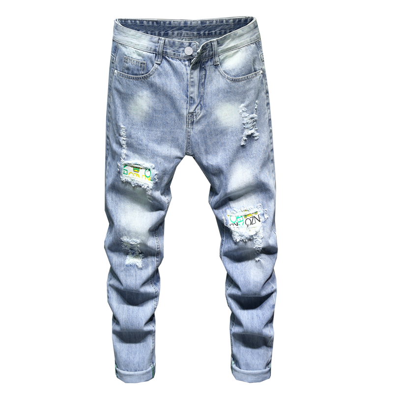 蓝缕金(LANLVJIN)男士牛仔裤春夏季2022新品破洞棉混纺九分裤青年宽松直筒水洗裤韩版休闲学生男裤子