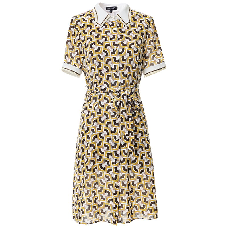 OUNIXUE欧昵雪 | [复古几何印花]夏织带拼接翻领收腰短袖连衣裙女