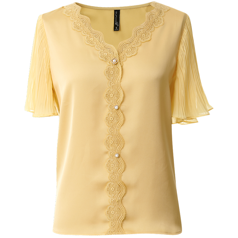 OUNIXUE欧昵雪 | [蕾丝花边拼接雪纺衫]夏季淑女气质V领喇叭袖短袖T恤女