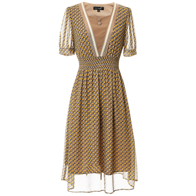 OUNIXUE欧昵雪 | [几何印花雪纺裙子]夏季复古方领收腰A字连衣裙女