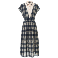 OUNIXUE欧昵雪 | [复古格纹中裙]夏季时尚拼色格子印花短袖连衣裙女