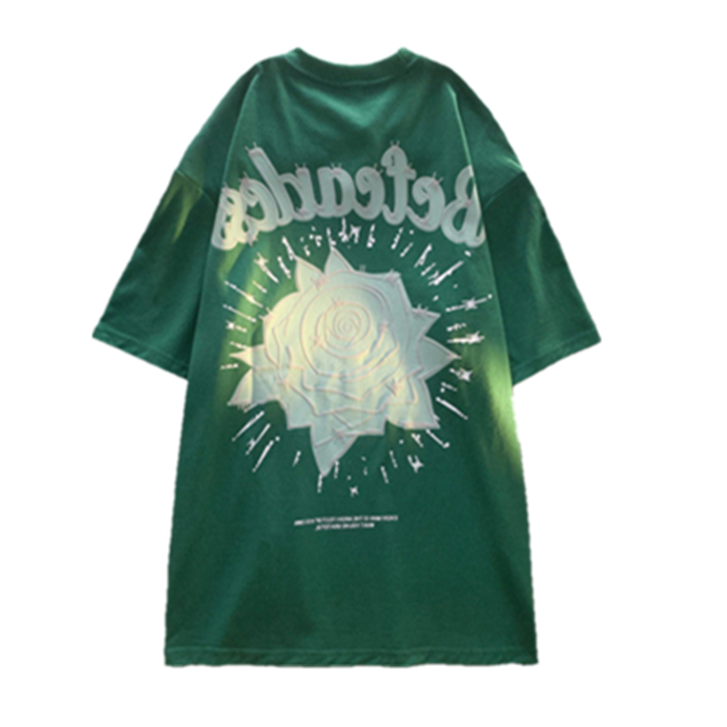 秋壳纯棉美式复古ins风玫瑰印花短袖T恤女2022夏季休闲韩版上衣潮